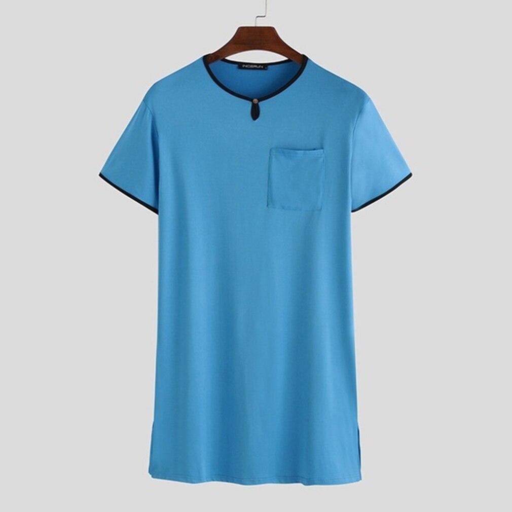 Men's Summer Cotton Long Shirt Short Sleeve Nightwear Big Tall Plus Size Comfy Housewear: blue / XXL