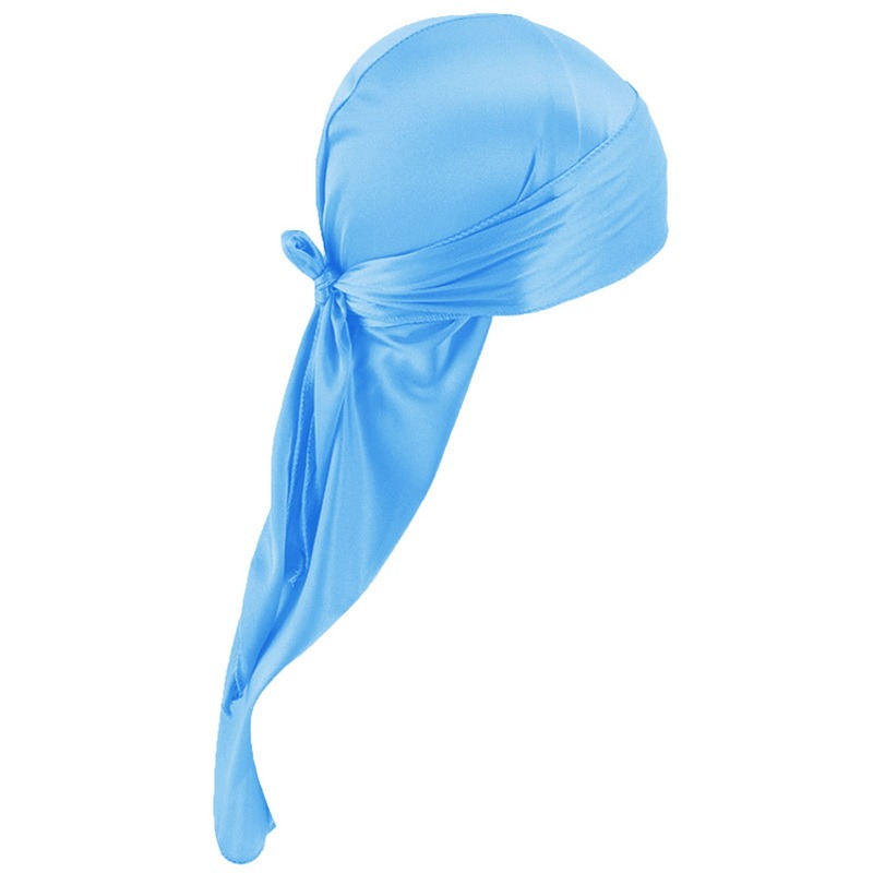 Satin Men Stretchy Cap Hip Hop Wigs Turban Bandana Headwear Toe Cap Solid Color Long Pirate Hat Tie Down Tail Hair Accessories: lake blue