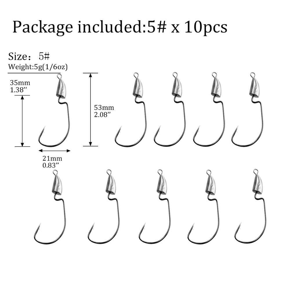 Lot de 10 têtes plombées pour la pêche de 5g 7g 10g et 14 g, crochets, ver, hameçon, accessoires, argent, Bullet Jig Head, montage texan: 10pcs 5g hook