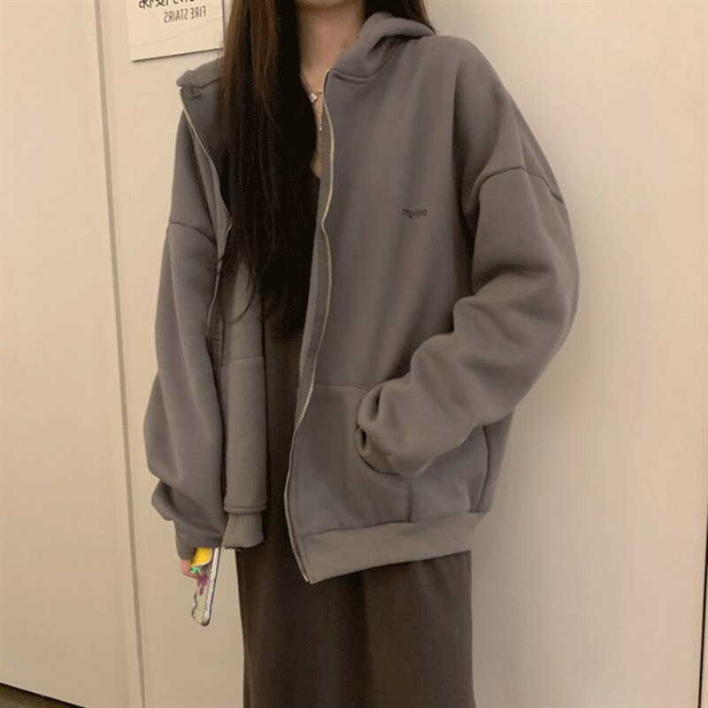 Sudaderas con capucha de las mujeres carta Oversize con capucha prendas de vestir exteriores Zip-adolescentes otoño Ins Popular cremallera estilo coreano de mujer diario básico Simple