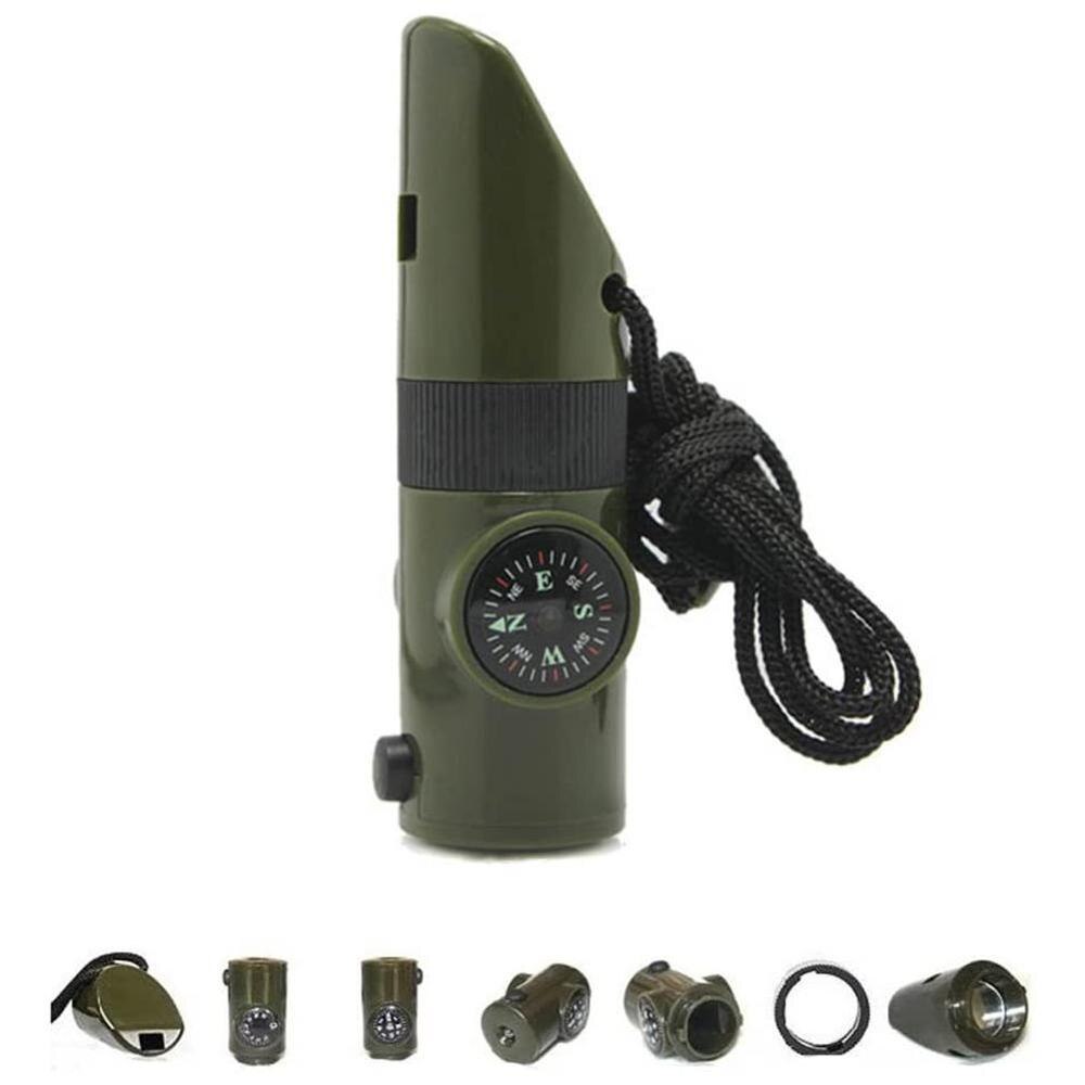 7 In 1 Fluitje Survival Bushcraft Trekking Fluitje Kompas Spiegel Torch Vergrootglas Led Light Thermometer Opslag Kompas Gereedschap