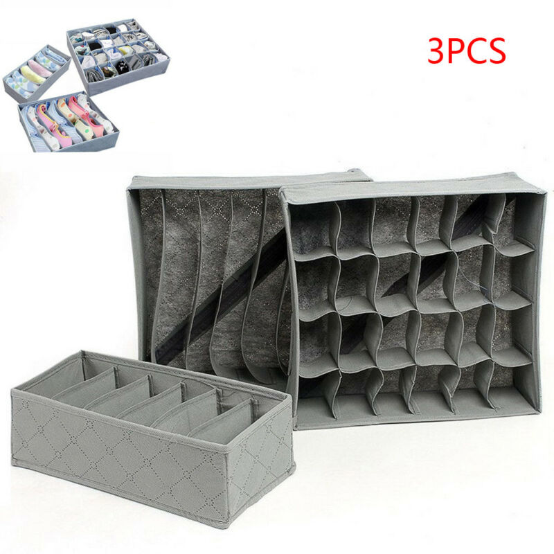 3 pçs/set Dobrável Gaveta Organizadores Caixa de Armazenamento Para Bra Underwear Socks Ties Cachecol Gaveta Organizadores Cinza