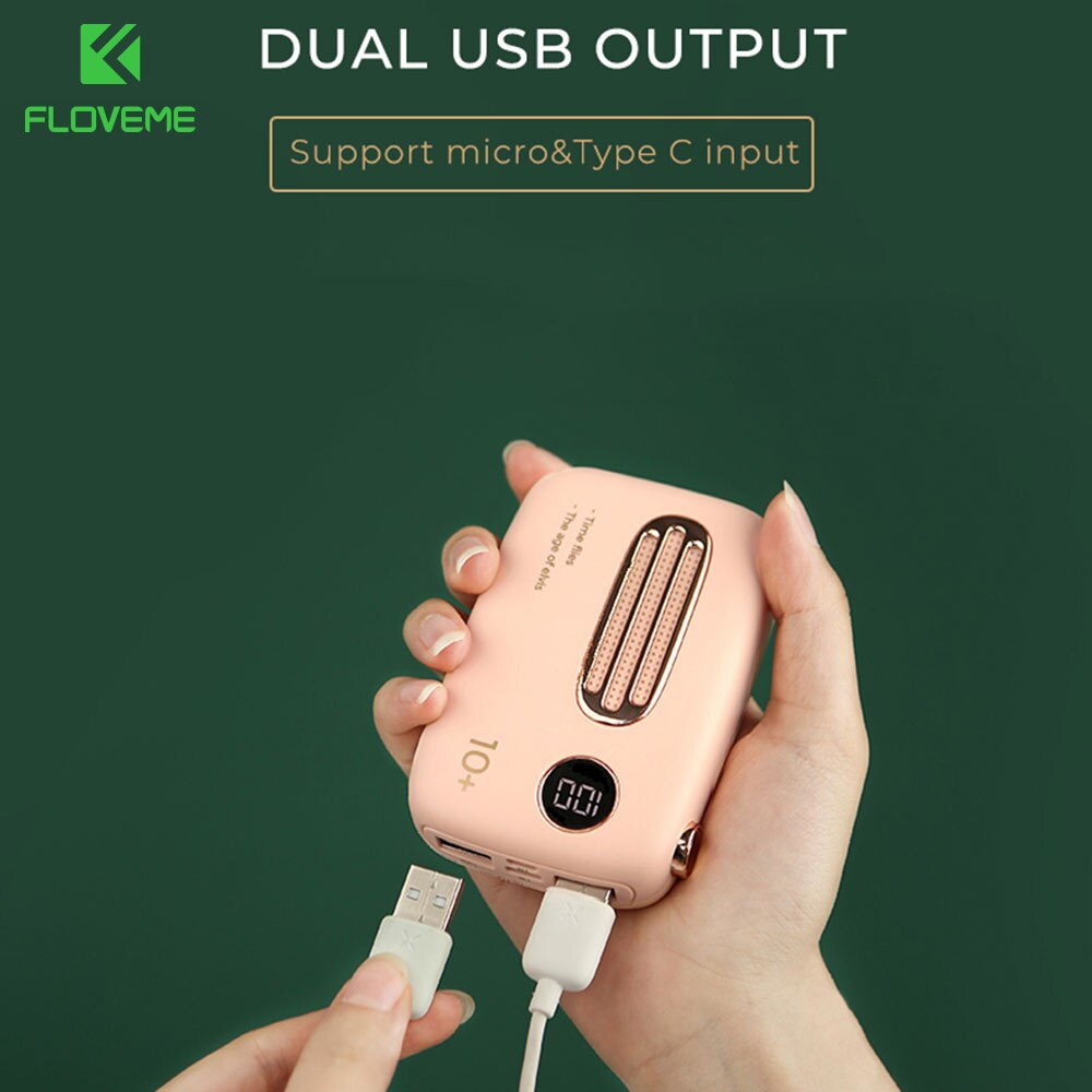 Floveme powerbank 10000 mah externer akku, tragbar, retro, schnellladefunktion, niedliche powerbank, handy-akku für iphones