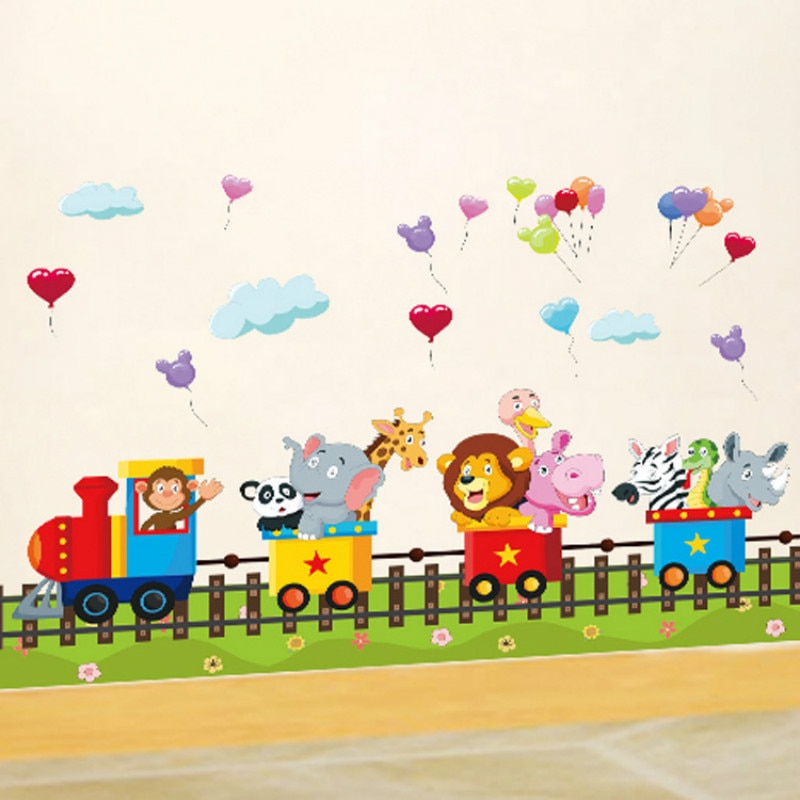 DIY Cartoon Animal Train Wall Stickers Kindergarten Children's Room Home Decorative Stickers Portfolio PVC Wall Stickers
