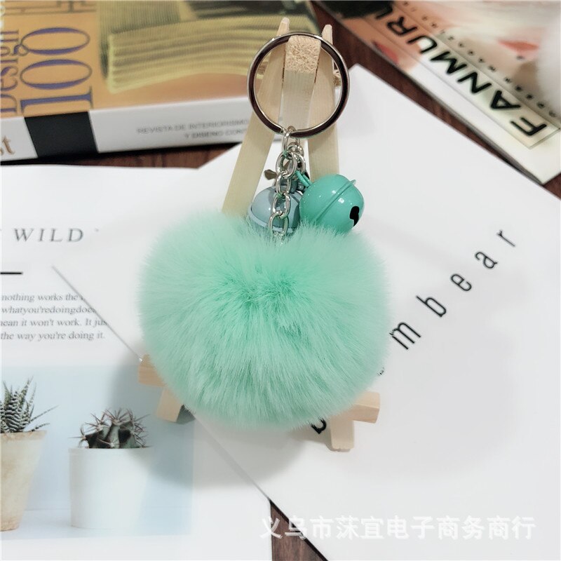 -love 8cm faux rex kanin pom-pom nøglering tiy kontrast farve klokke par taske tilbehør sydkorea små smykker tilbehør: Myntegrøn