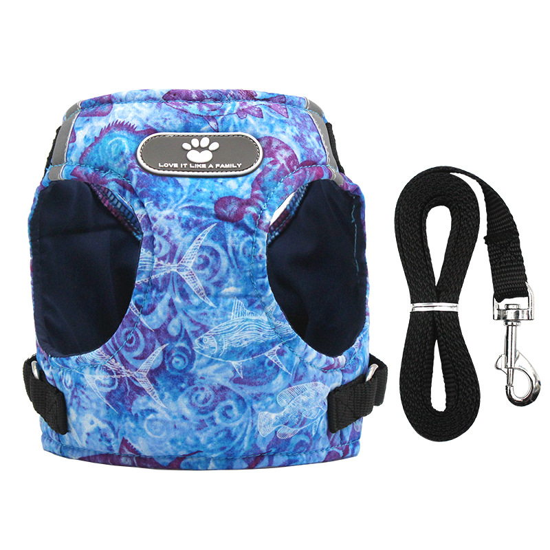 Ademend Pet Dog Harness En Leash Set Marine Life Afdrukken Hond Harnas Vest Reflecterende Kleine Middelgrote Hond Harnas kraag: blue / XL