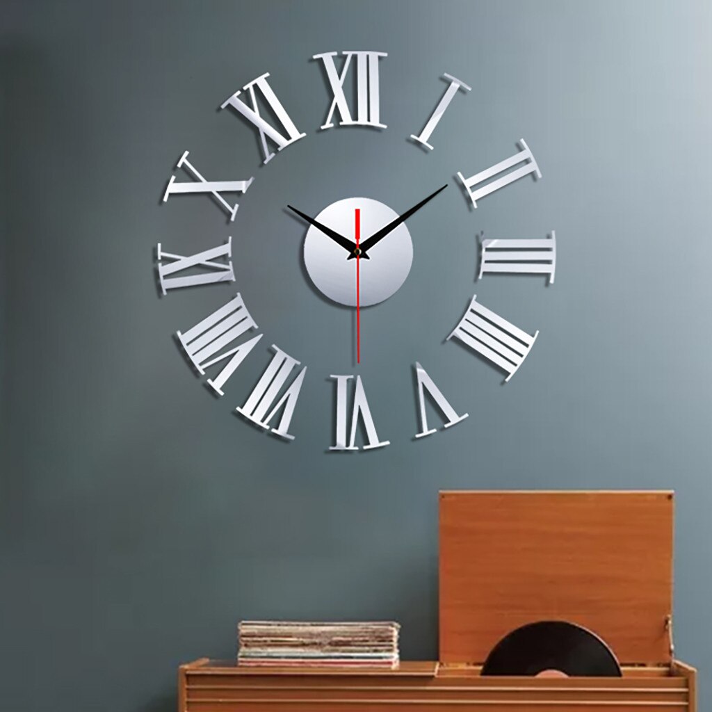 Frameless DIY Wall Mute Clock 3D Mirror Surface Sticker Home Office Decor 3d Wall Clock Living Room Quartz Needle Diy Clock: Light Silver