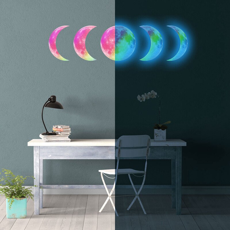 Lichtgevende Maan Fase Diagram 3D Muurstickers Voor Kinderkamer Woonkamer Plant Glow In The Dark Stickers Wall Art home Decor: Rainbow Blue Light