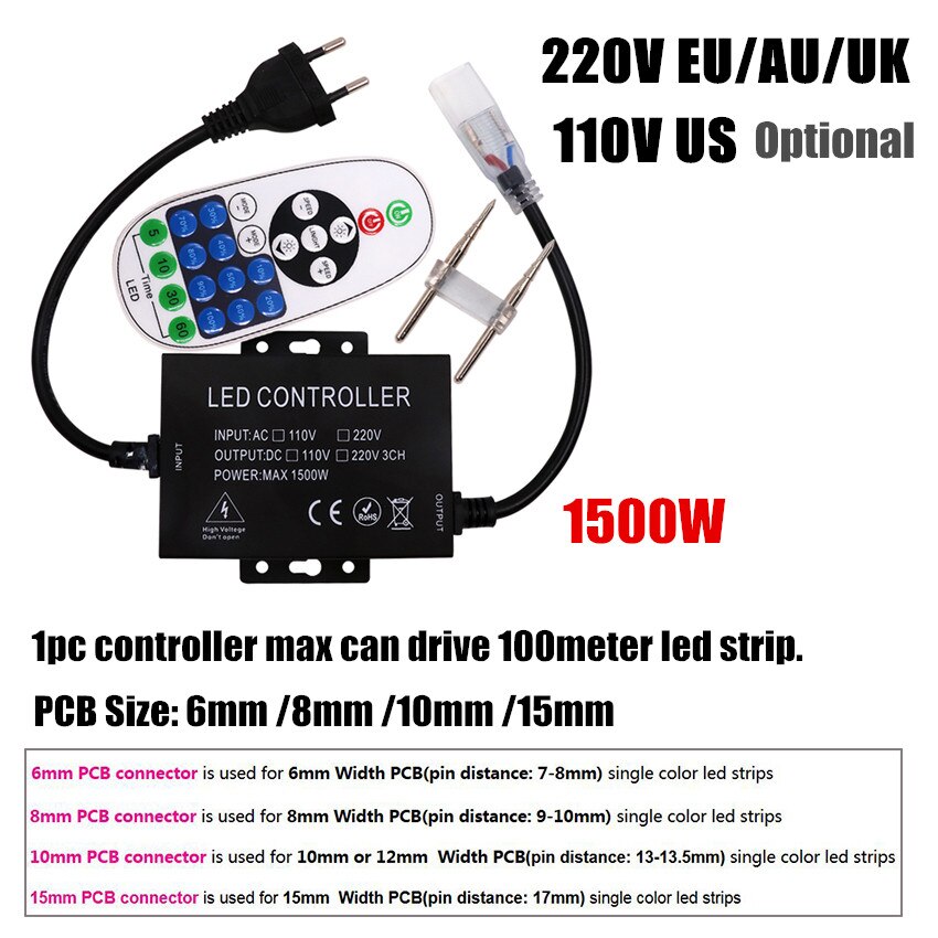 1500W Dimmer Controller with 23key Wireless RF Remote US 110V EU UK AU 220V For Single Color LED Strip 5050 2835 5730