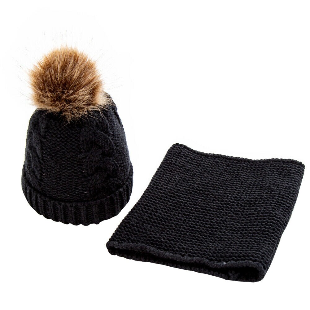 Børn børn dreng piger pom hat vinter varm hæklet strik bobble beanie cap + tørklæde sæt: Sort