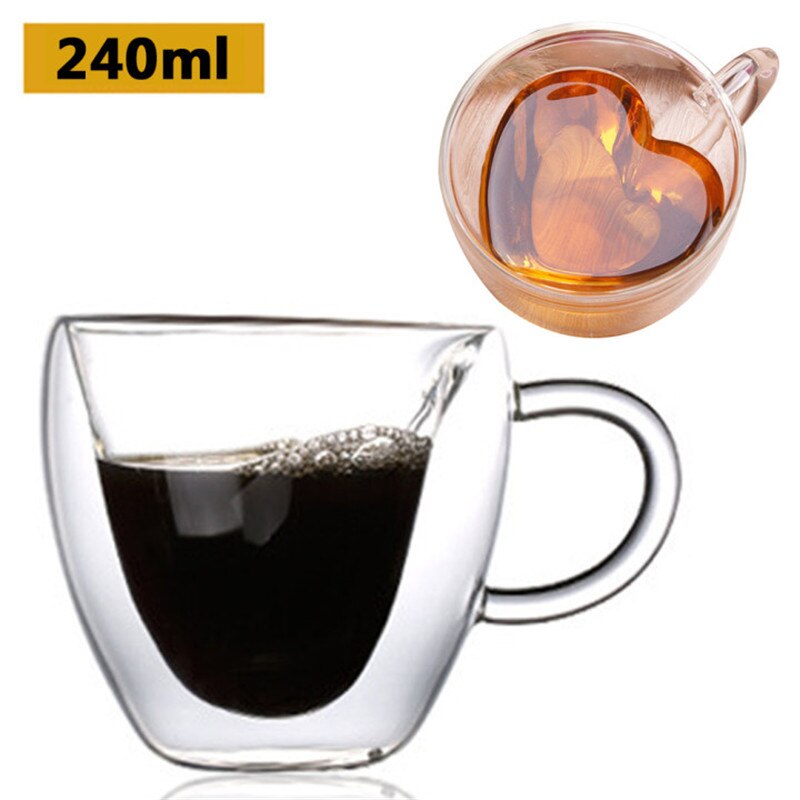 Drinking Glass Tea Cups Double Wall Layer Tea Cup Heat-resisting Heart-shaped Double Glass Juice Mug Milk Coffee Cup: 240ml