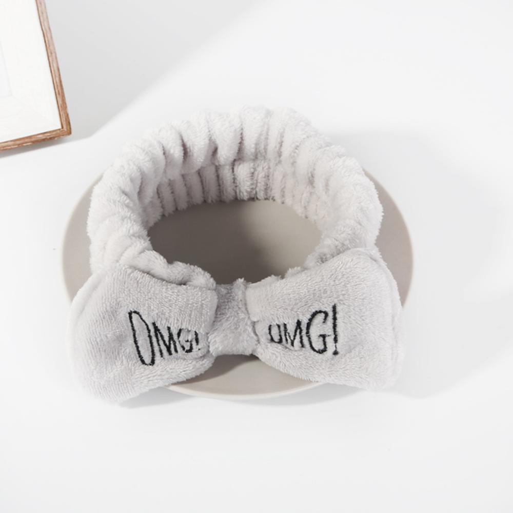 Soft OMG Letters Coral Fleece Wash Face Mix Color Bow Hair bands Clips For Women Girls Headbands Hair Styling Tool: 01 gray
