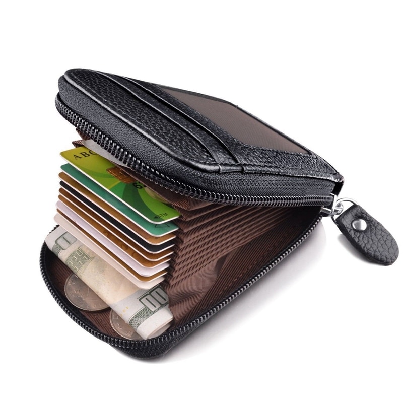 Herre mini tegnebog id kreditkort holder pung lynlås tynd lomme sort blå kaffe