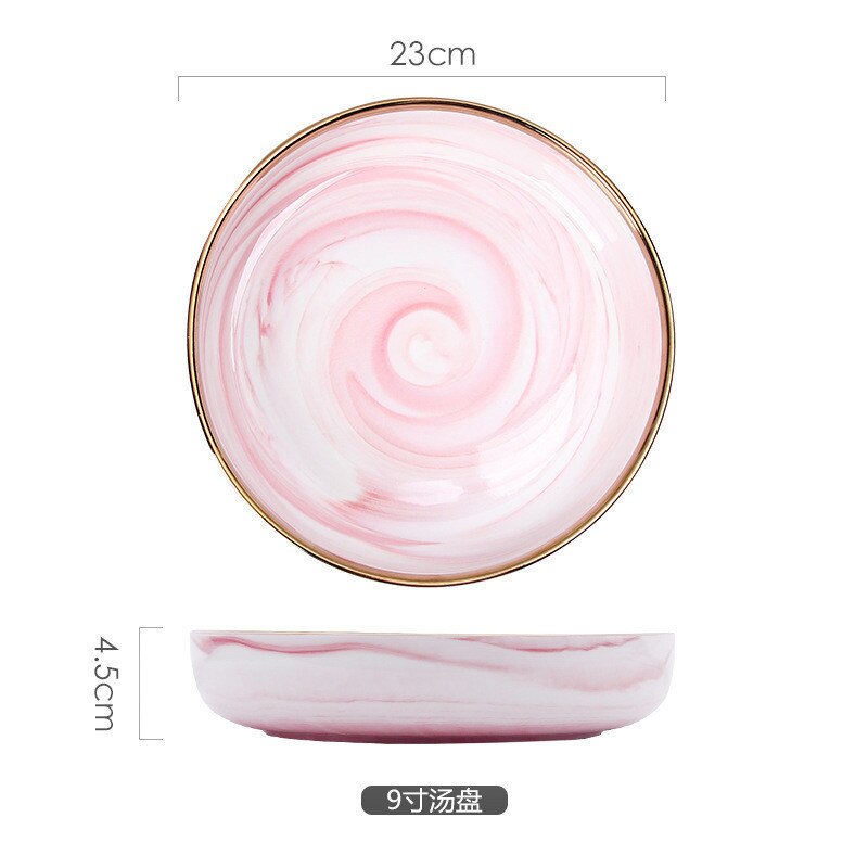 1pc pink phnom penh marmor keramisk service skål tallerken ins ris salat nudler fad suppe ske spisestel sæt: F