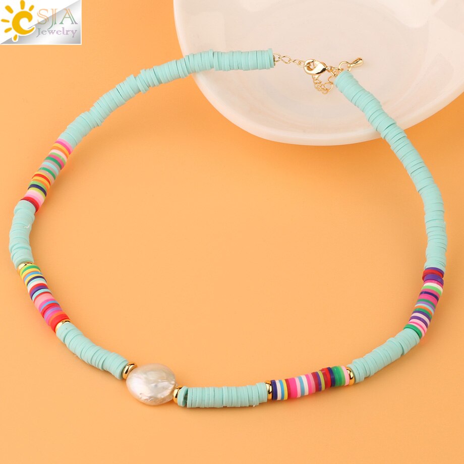 CSJA Böhmischen Perle Halsketten für Frauen Regenbogen Weichen Keramik Reize Boho Halskette Bunte Perle Ethnischen Stil Schmuck S538