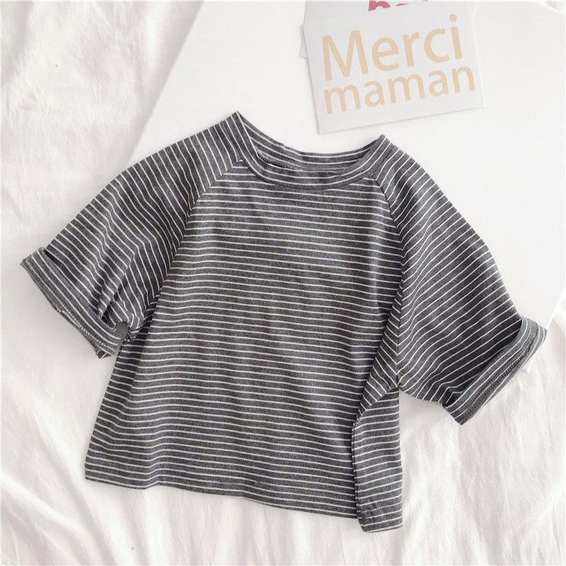 T-shirt rayé à manches courtes pour garçons et filles, haut à cinq points, ample, version coréenne, été , P4330: 1 / 6T