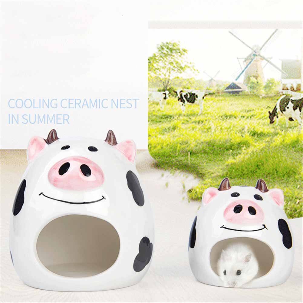 Cute Hamster Ceramics Nest Cartoon Cow Mini Pet Bed for Summer Small Pets Cooling Shed House Rats Guniea Pig Hamster Cage