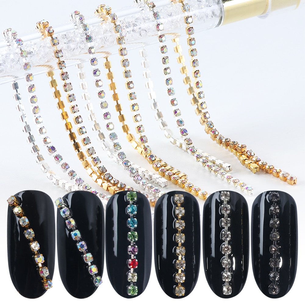 6 st diamanter metallkedja strass på naglar linje 3d färgglada randiga smycken flatback ädelstenar strass nail art tillbehör  be799