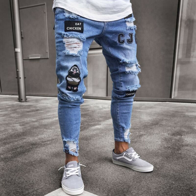 Brand Men Casual Stretchy Ripped Jeans Skinny Biker Jeans Destroyed Taped Slim Fit Denim Pants