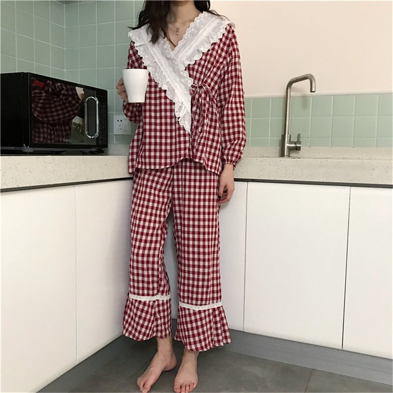 Heydress Women Sweet Sleepwear Loose Pajamas Suits Fresh Home Clothes Plaid Lace Gentle Three-piece Suits Chic Vintage: red