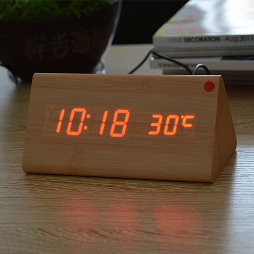 FiBiSonic Holz Digital LED Wecker Klang Kontrolle Holz Wecker LED Tisch Uhr Temperatur Kalender Uhr: Bambus rot