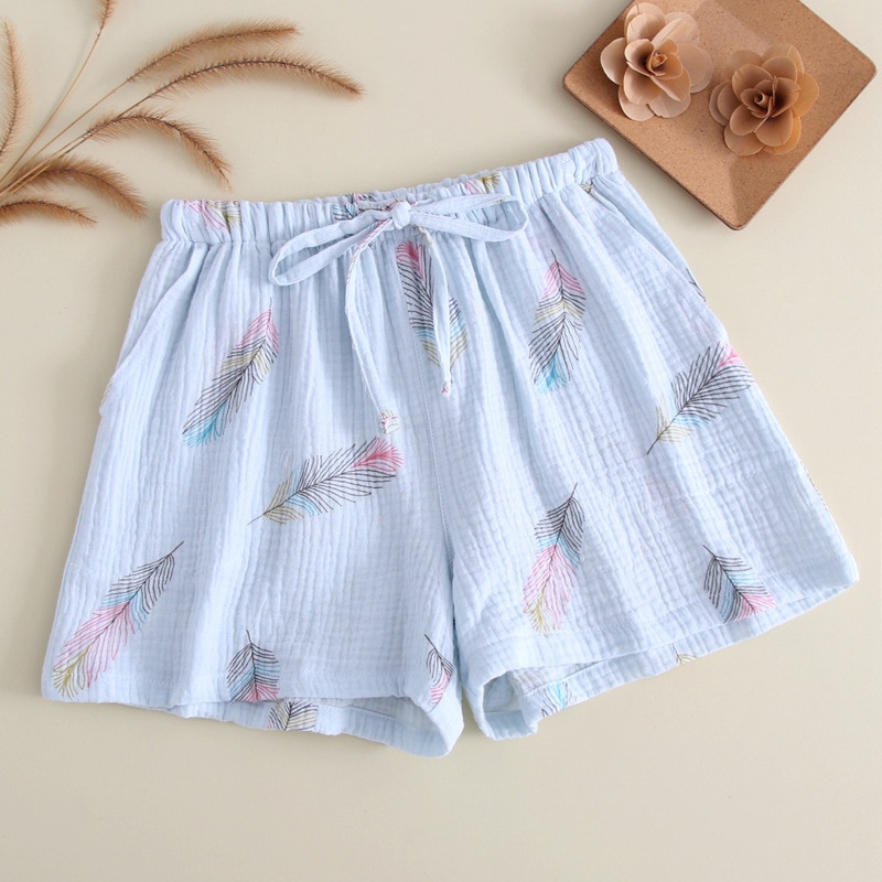 Sommar kvinnor sovshorts bomullsgaze pyjamas sovbyxor fritidsstrandbyxor hemtryck löst slitage