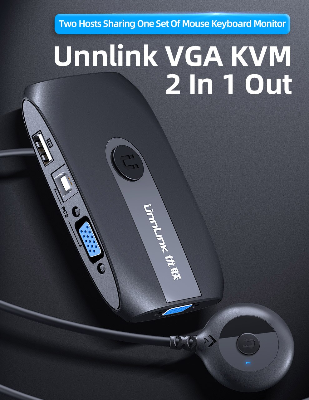 Unnlink-Selector de caja de interruptor KVM VGA 2X1, con extensor, 2 puertos, USB 2,0, compartir Monitor, teclado de ratón para 2 ordenadores Portátiles y PC