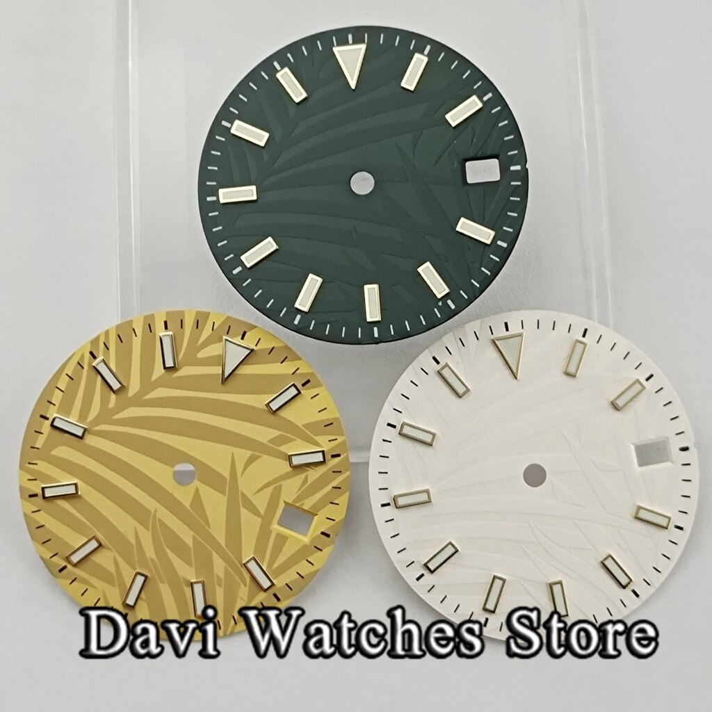 29Mm Steriele Wijzerplaat Groen/Geel/Zilver Blad Wijzerplaat Blauw Lichtgevende Fit NH35 NH36 Beweging Horloge gezicht