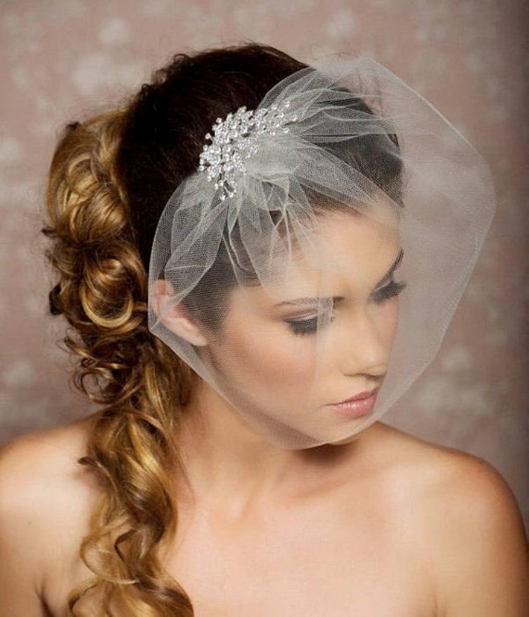 Ivory Birdcage Veil, Crystal comb cage Veil, Wedding Veil, Rhinestone Comb, Blusher Veil
