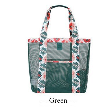 Outdoor Travel Storage Bag Beach Mesh Organizer Bag Single Shoulder Print Flower Large Capacity Travel Bag for Sunglass Clothing: Green