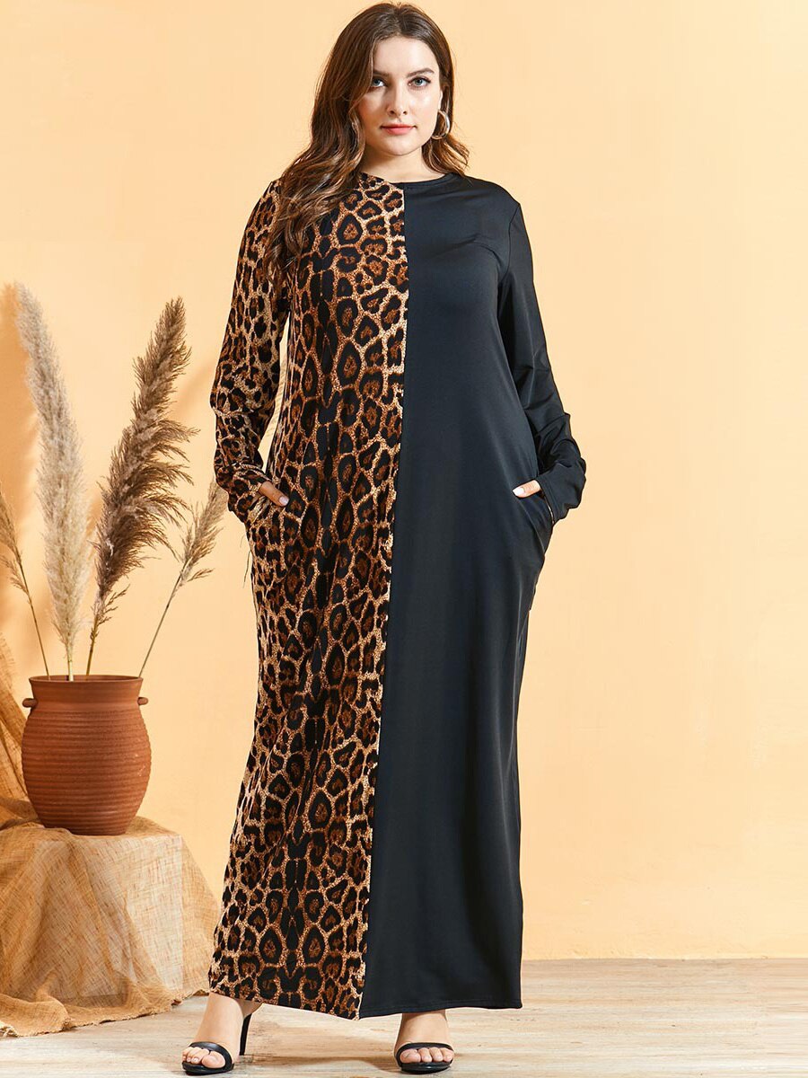 Løs oversize plus size kjole kvinder langærmet leopardprint patchwork maxi lange kjoler tyrkisk arab muslimsk kjole