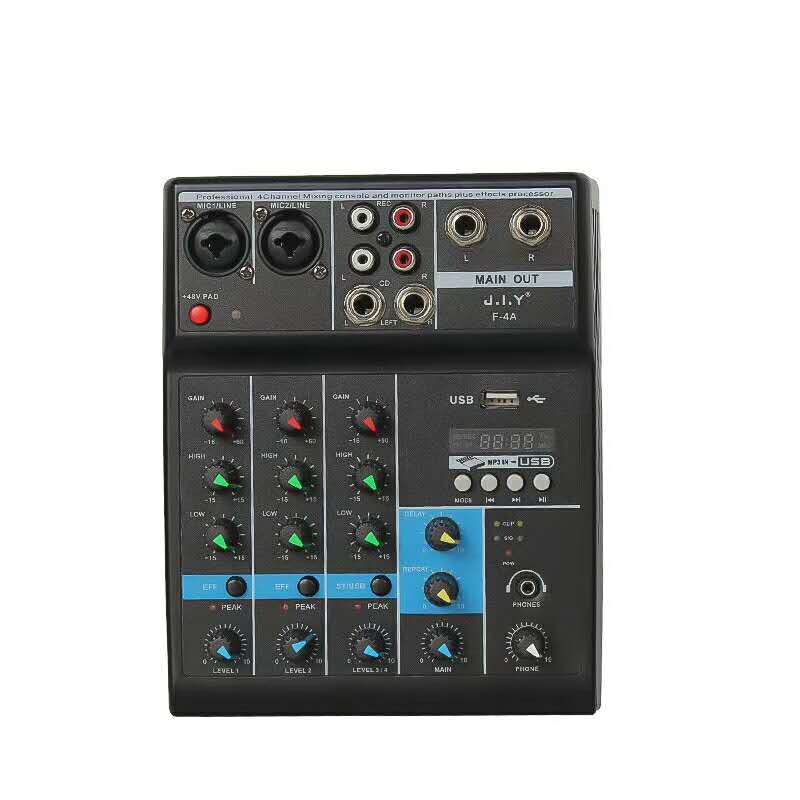 Draagbare Audio Mixer Met Usb Bluetooth Dj Sound Mixing MP3 Jack 4 Channel Karaoke 48V Versterker Voor Karaoke Ktv match Party