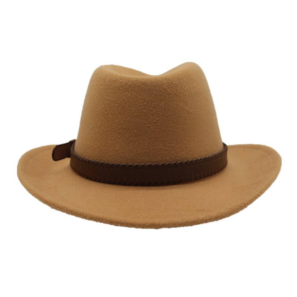 Sombrero de vaquero con cinturón de ala ancha para hombre y mujer, sombrero Trilby de lana, talla 56-58CM