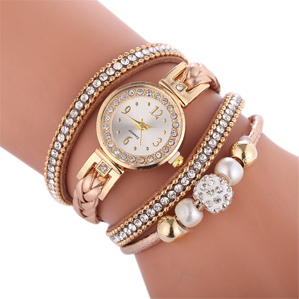 Vrouwen Lederen Dames Quartz Horloge Horloges Mooie Metalen Hanger Dames Ronde Armband Horloge Klok Mode: E