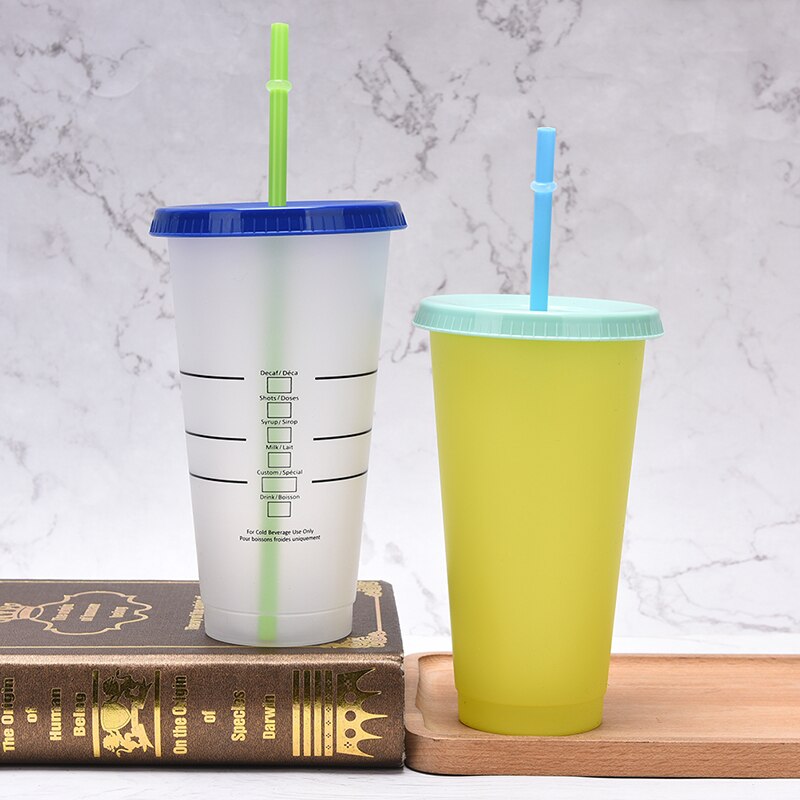 Color Changing Cold Cups Plastic Colorful Cold Water Color Changing Coffee Cup Mug Water Bottles With Straws: 4