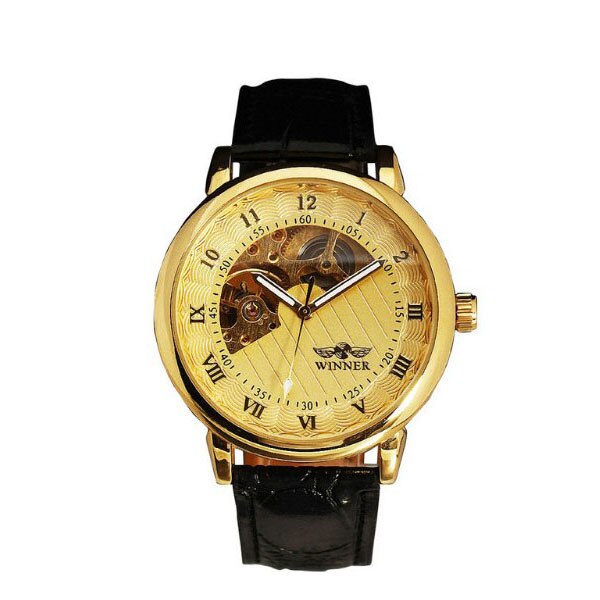 WINNER – Montre-bracelet en cuir doré pour Homme, mécanique, à la , squelette, horloge: gold