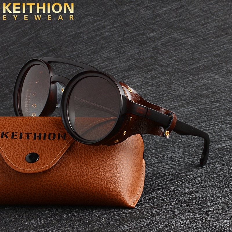 KEITHION Vintage SteamPunk Style Punk rond lunettes de soleil polarisées en cuir côté bouclier dégradé lunettes de soleil