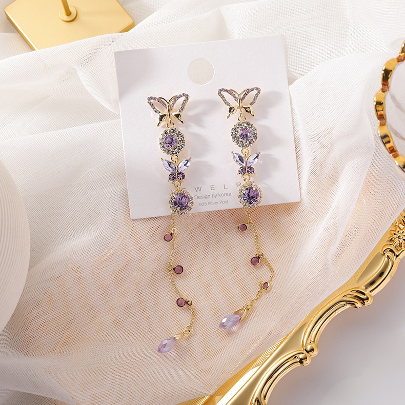 Vintage Crystal Paars Kwastje Vlinder Oorbellen Voor Vrouwen Overdrijven Mode-sieraden Pendientes