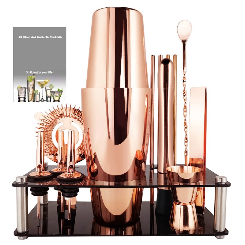 Black/Gold/Rose Gold Boston Cocktail Shaker Set 3-12 Pcs Bar Tools Set Martini Bartending Shakers Kit with Stylish Stand Recipe