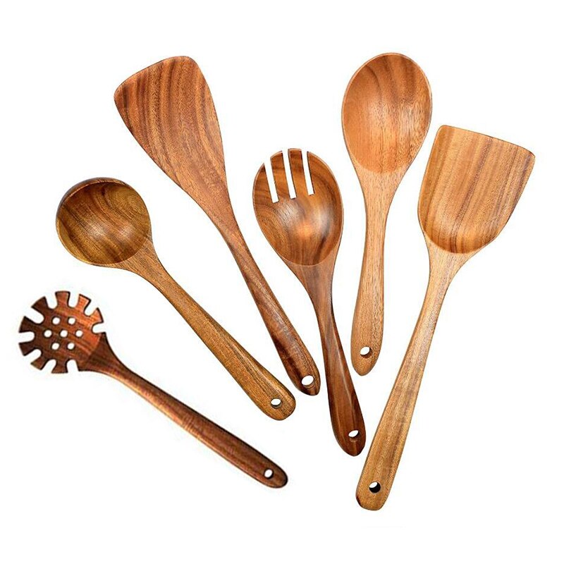 Wooden Utensils for Cooking,6 Pack Organic Teak Wooden Spoons for Cooking Wood Utensil Set and Spatula for Kitchen