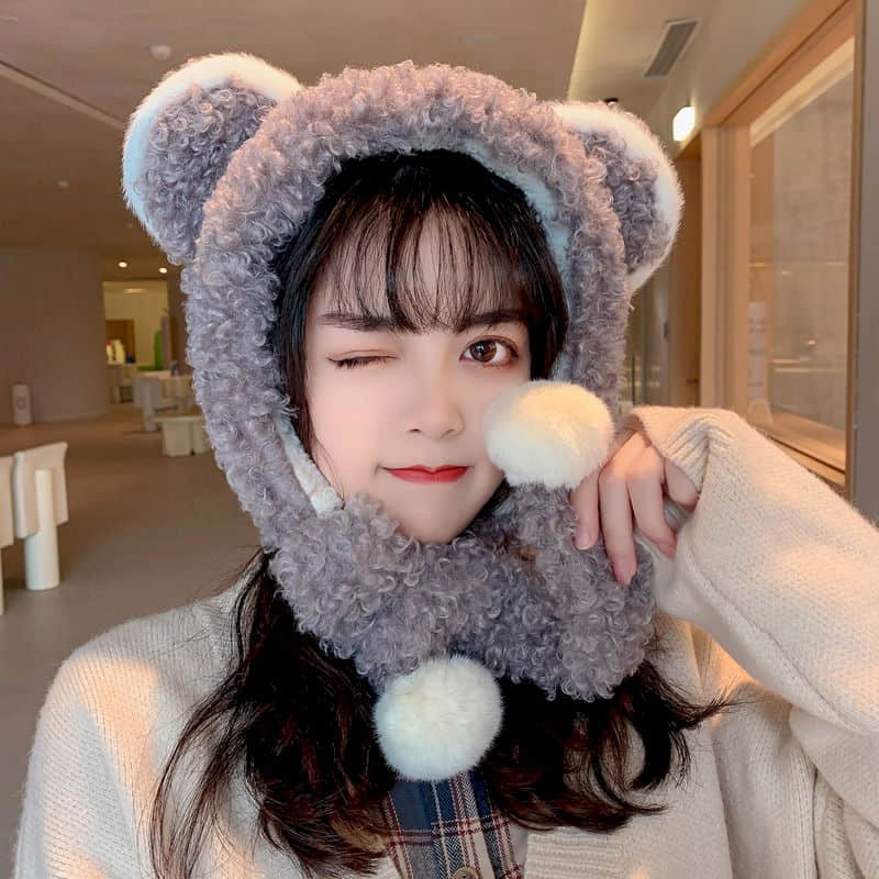 Female hat wild winter warm round face big face thinner hat scarf one Sweet and cute kawaii Bear ears Plush ball Matte: gray 01