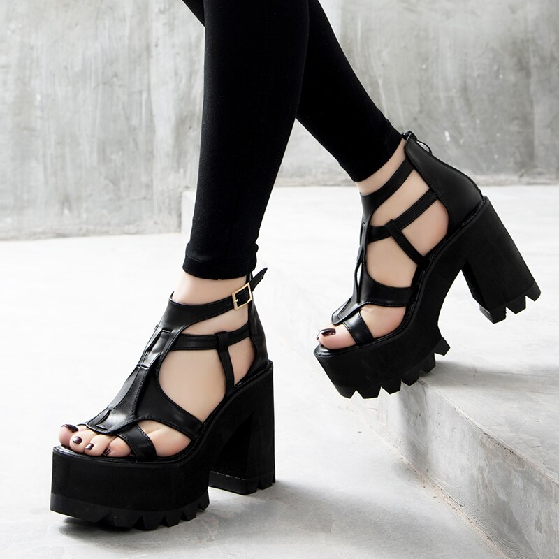 Sandalias de gladiador de tacón alto para mujer, zapatos negros de plataforma, estilo punk, YMA162