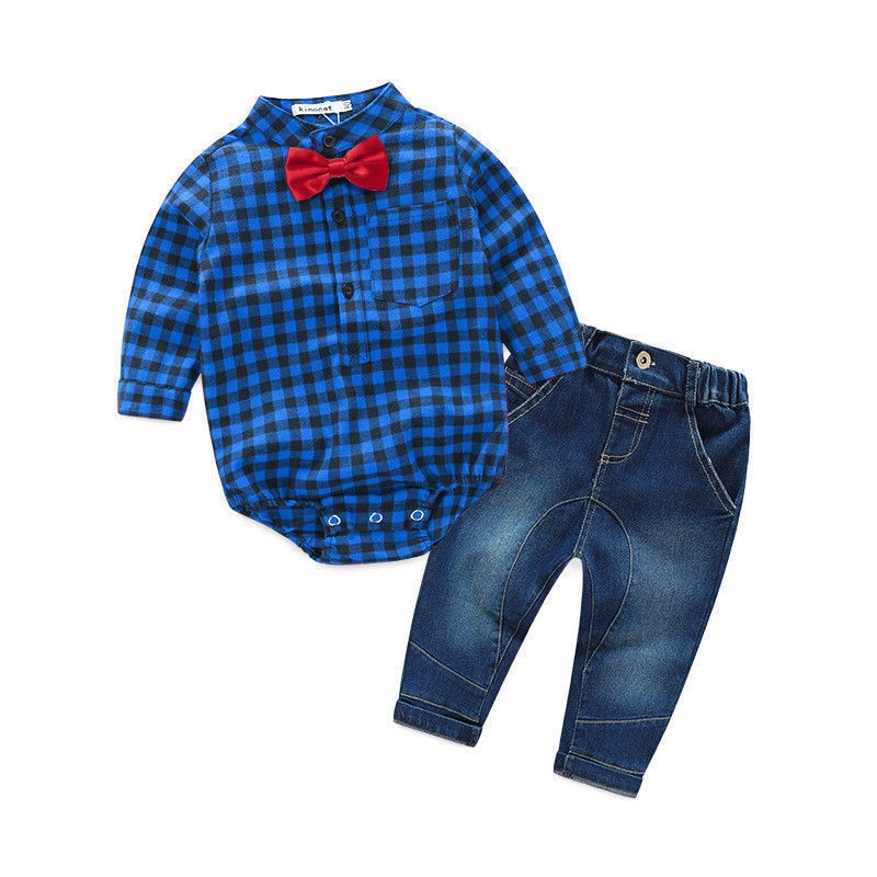 2 stks Kids Baby Boy red plaid lange mouwen Bodysuit pocket knop + Jeans Broek Outfits Kleding Set 0-18 M