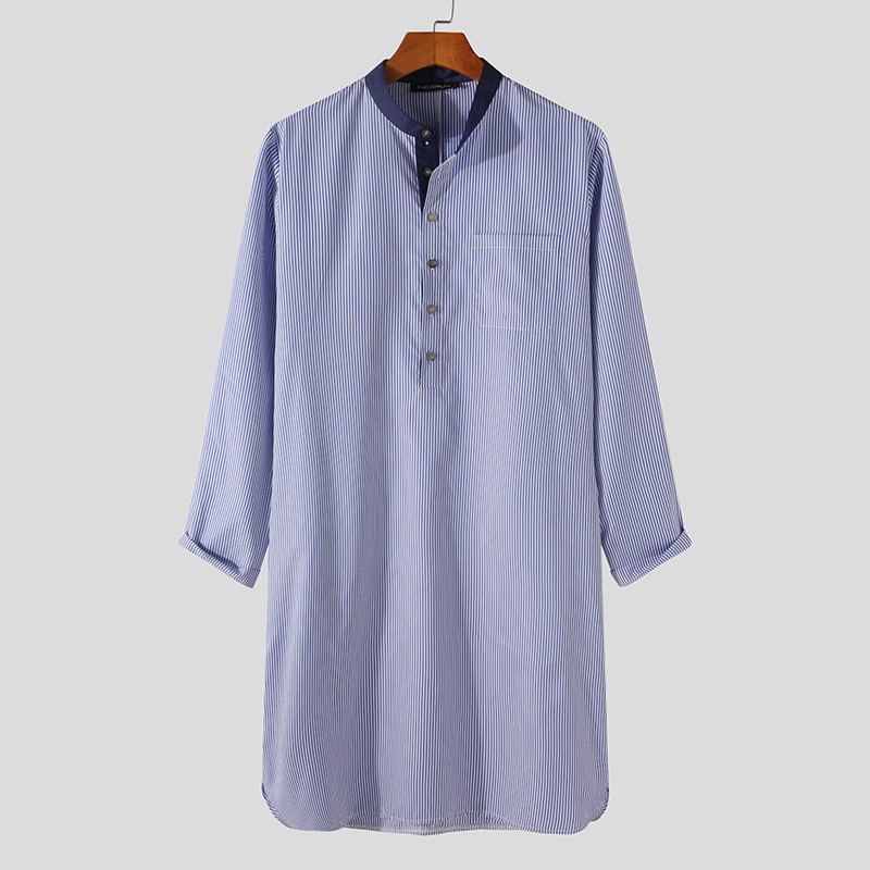 Man Casual Zakken Comfortabele Nachtjapon Incerun Heren Leisure Gestreepte Slaap Gewaden Stand Kraag Knoppen Badjassen Homewear S-5XL: 5XL