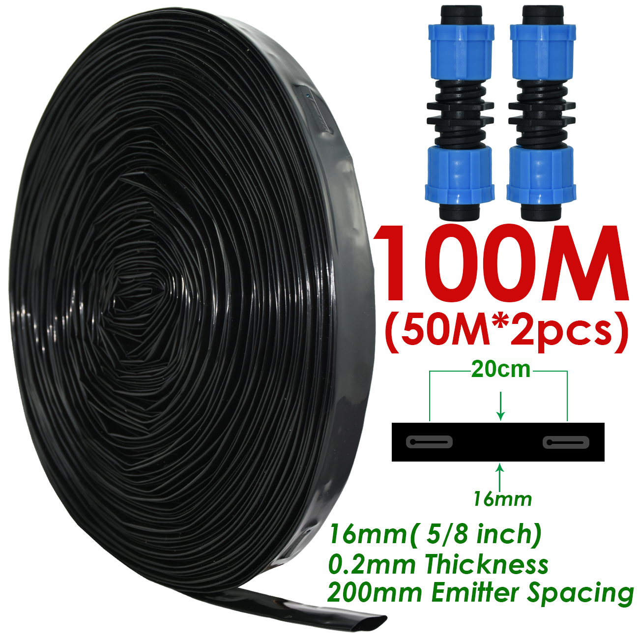 KESLA 20-150M 5/8 ''16mm 0.2mm gruba taśma kroplująca robić nawadniania 8mil 20cm emiter Dripper odstępy szklarnia ogród podłącz twardy wąż: KSL01-KIT142A-100M