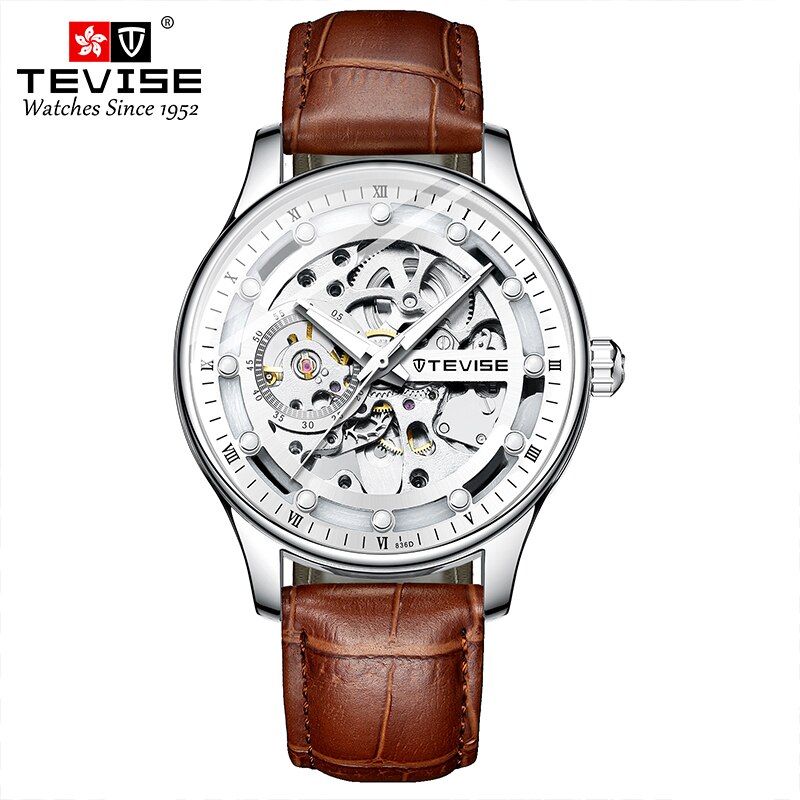 Tevise Skeleton Automatische Mechanische Mannen Horloge Lederen Band Mannelijke Klok Top Luxe Mannen Polshorloge: brown white