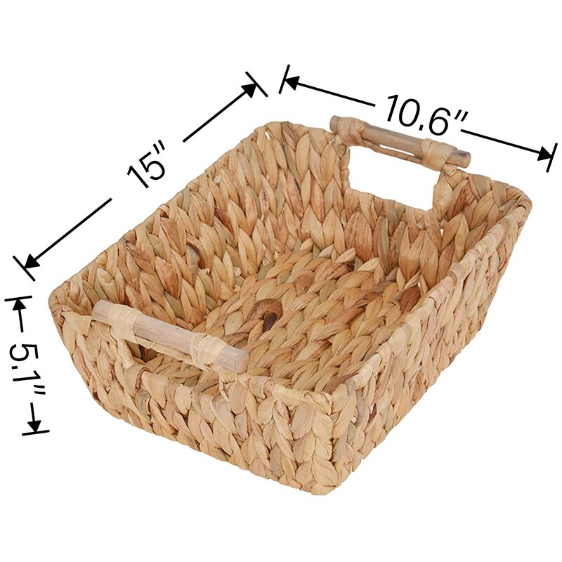 Hand-Woven Large Storage Baskets with Wooden Handles, Water Hyacinth Wicker Baskets for Organizing, Set of 2
