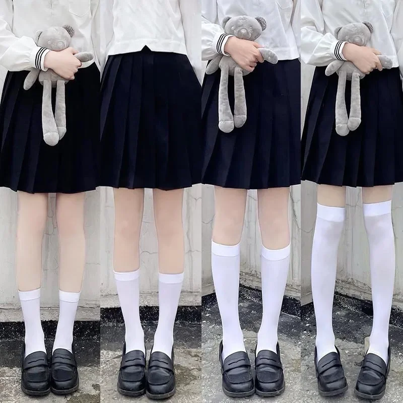 Giappone tinta unita nero bianco calze lunghe calze JK Style School Girls calze autoreggenti Lolita Kawaii Cute calze al ginocchio