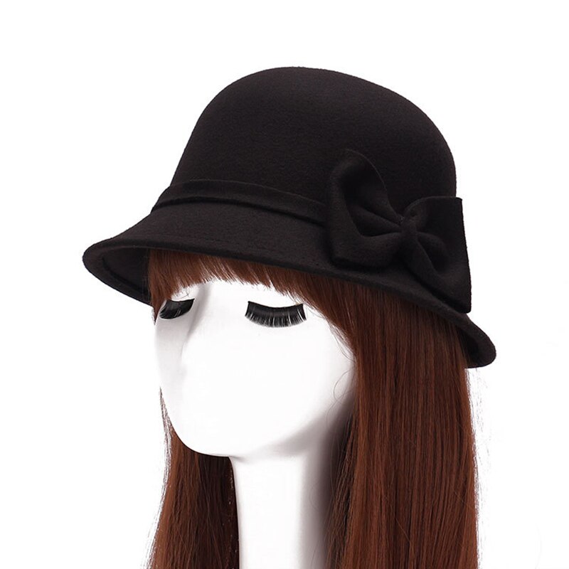 Herbst Winter Frauen Hütte Solide Wolle Filz Kuppel Fedoras Hüte Jahrgang Bogen Eimer Hütte Damen Kappe chapeau femme шляпа: Schwarz