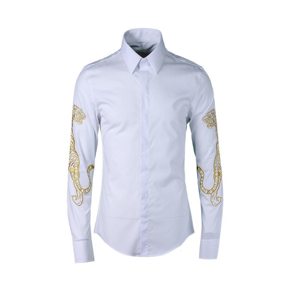 Tiger Luxury Embroidered Mens Dress Plus Size 4XL Hand-painted Long Sleeve 100% Cotton Shirts Man: White / XL